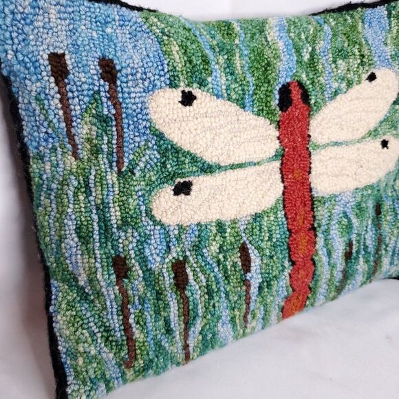 Dragonfly Wool Rug Hooked Pillow Lake Cottage Cattails Decorative Blue Green - Picture 2 of 4
